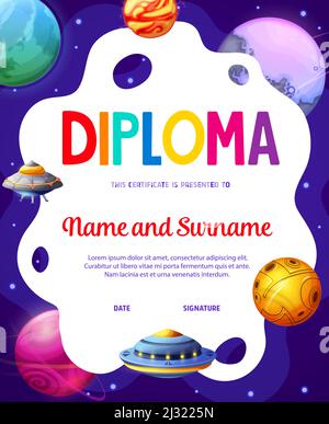 Kids diploma of space explorer. UFO, starcraft and fantastic cartoon planets. Educational school or kindergarten vector achievement certificate template with futuristic galaxy world and alien saucers Stock Vector