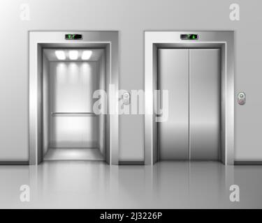 Lift doors, elevator close and open. Building hall interior with chrome metal gates, buttons and stage number panels, indoor transportation in house, Stock Vector