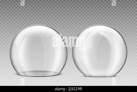 Glass dome, transparent plastic sphere. Vector realistic mockup of empty protection cover, clear acrylic bell jar. Exhibition display case isolated on Stock Vector