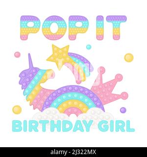 Popit birthday girl sublimation in fidget toy style. Bubble pop it birthday lettering. Pop it t-shirt design as a trendy silicone toy for fidget in bl Stock Vector