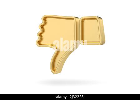 Gold dislike thumbs down icon isolated on white background. 3D rendering