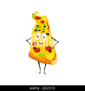 Funny pizza fast food isolated character, cartoon vector slice of street junk meal with arms akimbo. Smiling takeaway snack with salami sausages, olives and greenery on cheese layer Stock Vector