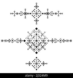 Icelandic rune art style tribal line art vector long design set with moons and geometric shapes, black and white ornaments inspired by Viking patterns Stock Vector