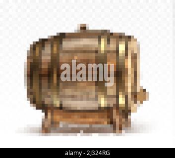 Wooden barrel for wine, beer or whiskey. Realistic cask from oak wood with copper or iron rings, stopper and tap, keg for rum or cognac isolated on tr Stock Vector