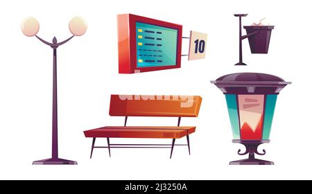 City bus stop with bench and schedule. Vector cartoon icons set of seat, street lamp, trash bin and advertising billboard on bus station platform isol Stock Vector