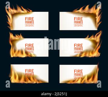 Burning paper banners with fire flames. Vector paper sheets on fire, burnt parchments or blank pages with flaming frame borders of burning edges and corners, realistic 3d flares and glowing tongues Stock Vector