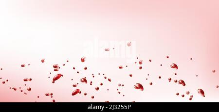 Flying red drops on pink background. Vector realistic illustration of splashing blood, wine, cherry juice or liquid watercolor ink. Blood donation con Stock Vector