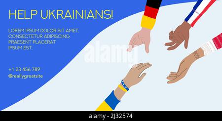 Help Ukraine Flyer or Social Media Template. Ukrainians Supporting Hands Concept. Stock Vector