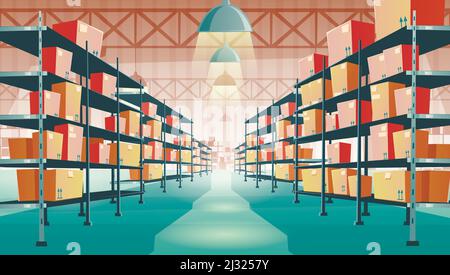 Warehouse interior with empty metal racks. Vector cartoon illustration ...
