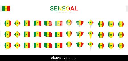 Large collection of Senegal flags of various shapes and effects. Big set of vector flag. Stock Vector