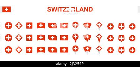 Large collection of Switzerland flags of various shapes and effects. Big set of vector flag. Stock Vector