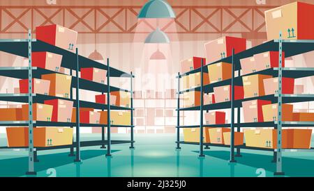 Warehouse interior with cardboard boxes on metal racks. Vector cartoon illustration of empty storage room interior with goods, cargo and parcels on sh Stock Vector