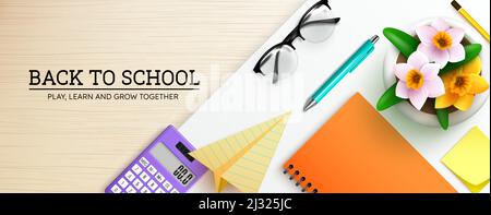 Back to school vector design. Back to school text in study table with notebook, calculator and ball pen elements for educational learning copy space. Stock Vector