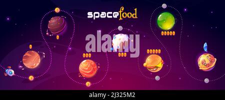 Space food game level map. Vector ui play design with rocket in funny universe with alien planets with pizza, chocolate candy, burger and bread textur Stock Vector