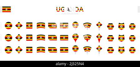 Large collection of Uganda flags of various shapes and effects. Big set of vector flag. Stock Vector
