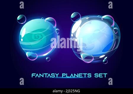 Fantasy space planets for ui galaxy game. Vector cartoon icons set of magic alien world, fantastic cosmic objects with soap bubbles and atmosphere, li Stock Vector