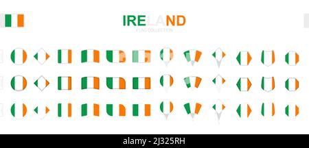 Large collection of Ireland flags of various shapes and effects. Big set of vector flag. Stock Vector