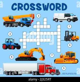 Construction machinery, heavy equipment and transport crossword grid worksheet. Find a word quiz game, educational riddle or kids logical playing activity, intellectual puzzle vector page with cars Stock Vector