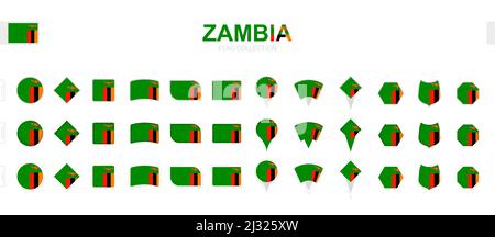 Large collection of Zambia flags of various shapes and effects. Big set of vector flag. Stock Vector