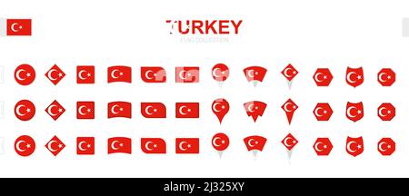 Large collection of Turkey flags of various shapes and effects. Big set of vector flag. Stock Vector