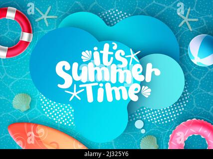 Summertime vector design. It's summer time text in abstract shape background with sea water patter and elements for relax tropical holiday season. Stock Vector