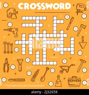 DIY repair tools, crossword grid to find word, vector quiz game riddle ...