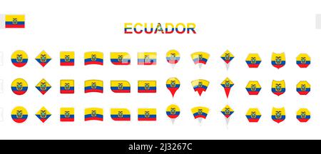 Large collection of Ecuador flags of various shapes and effects. Big set of vector flag. Stock Vector