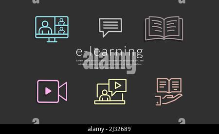 E-learning icon vector design. Elearning text with education icons collection of book, video, webinar meeting and message for distance learning. Stock Vector