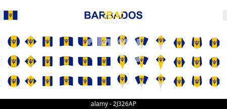 Large collection of Barbados flags of various shapes and effects. Big set of vector flag. Stock Vector