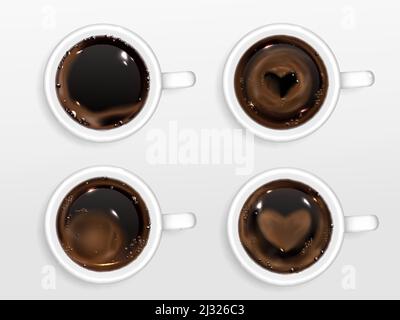 Cups of coffee with heart shape from cream foam. Vector realistic set of hot espresso, cappuccino in mugs with latte art isolated on white background Stock Vector