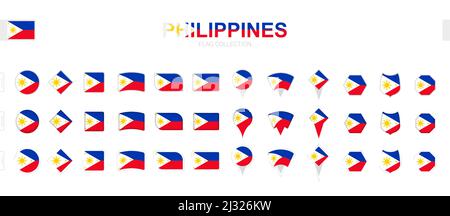 Large collection of Philippines flags of various shapes and effects. Big set of vector flag. Stock Vector