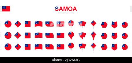 Large collection of Samoa flags of various shapes and effects. Big set of vector flag. Stock Vector