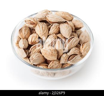 Almonds in glass bowl isolated on white background with clipping path Stock Photo
