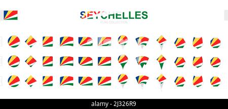 Large collection of Seychelles flags of various shapes and effects. Big set of vector flag. Stock Vector