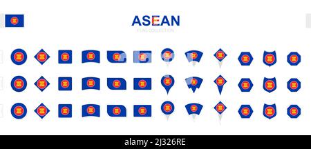 Large collection of ASEAN flags of various shapes and effects. Big set of vector flag. Stock Vector
