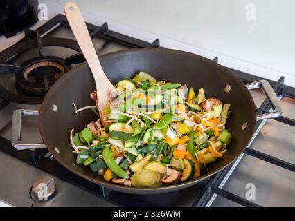 Mixed japanese vegetables in a wok pan Stock Photo