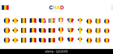 Large collection of Chad flags of various shapes and effects. Big set of vector flag. Stock Vector
