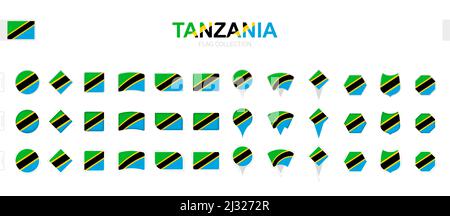 Large collection of Tanzania flags of various shapes and effects. Big set of vector flag. Stock Vector