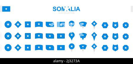 Large collection of Somalia flags of various shapes and effects. Big set of vector flag. Stock Vector