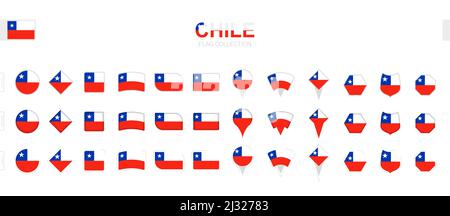 Large collection of Chile flags of various shapes and effects. Big set of vector flag. Stock Vector
