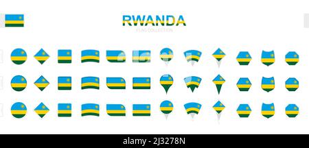 Large collection of Rwanda flags of various shapes and effects. Big set of vector flag. Stock Vector