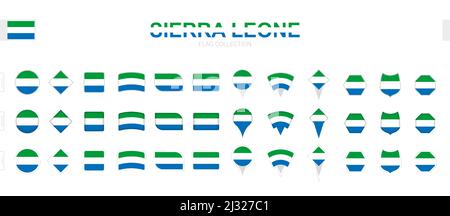 Large collection of Sierra Leone flags of various shapes and effects. Big set of vector flag. Stock Vector