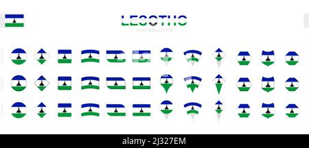 Large collection of Lesotho flags of various shapes and effects. Big set of vector flag. Stock Vector