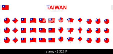 Large collection of Taiwan flags of various shapes and effects. Big set of vector flag. Stock Vector