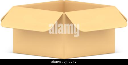 Empty open cardboard box industrial carrying and storage front side view 3d icon realistic vector illustration. Delivery package container retail busi Stock Vector