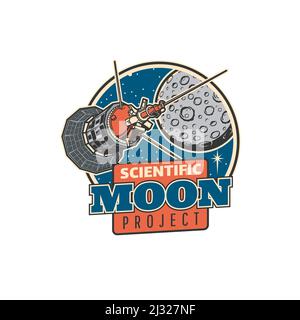 Moon exploration and space discovery project, vector emblem of orbital station. Spaceflight to moon and galaxy planets exploration with satellite or rocket shuttle and scientific spacecraft orbiter Stock Vector