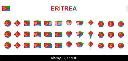 Large collection of Eritrea flags of various shapes and effects. Big set of vector flag. Stock Vector