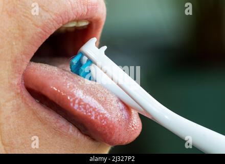 A tongue cleaner (also called a tongue scraper or tongue brush) is an oral hygiene device designed to clean the coating on the upper surface of the to Stock Photo