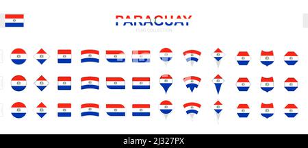 Large collection of Paraguay flags of various shapes and effects. Big set of vector flag. Stock Vector