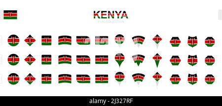 Large collection of Kenya flags of various shapes and effects. Big set of vector flag. Stock Vector